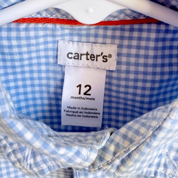 Carters Baby Boy Blue Gingham Long Sleeve Button-Down Dress Shirt 12M Cotton - Picture 4 of 5